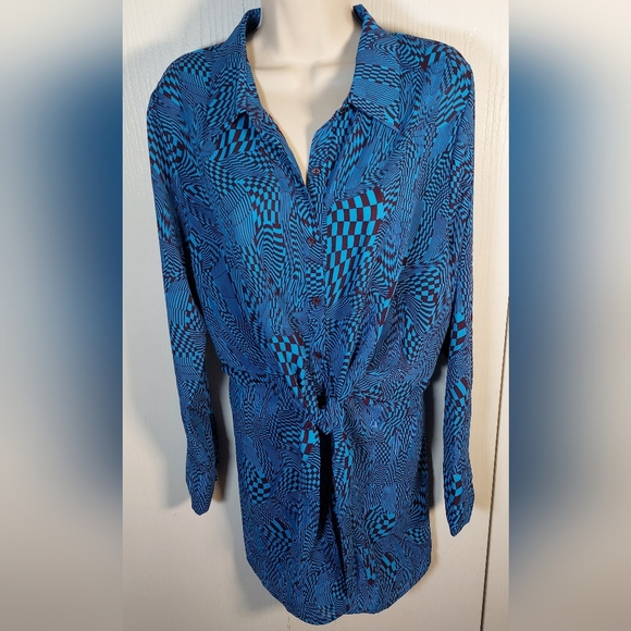 Soi Studio Silky Mini Dress Size Large Blue & Brown Front Tie Button Front Chic - Picture 5 of 15